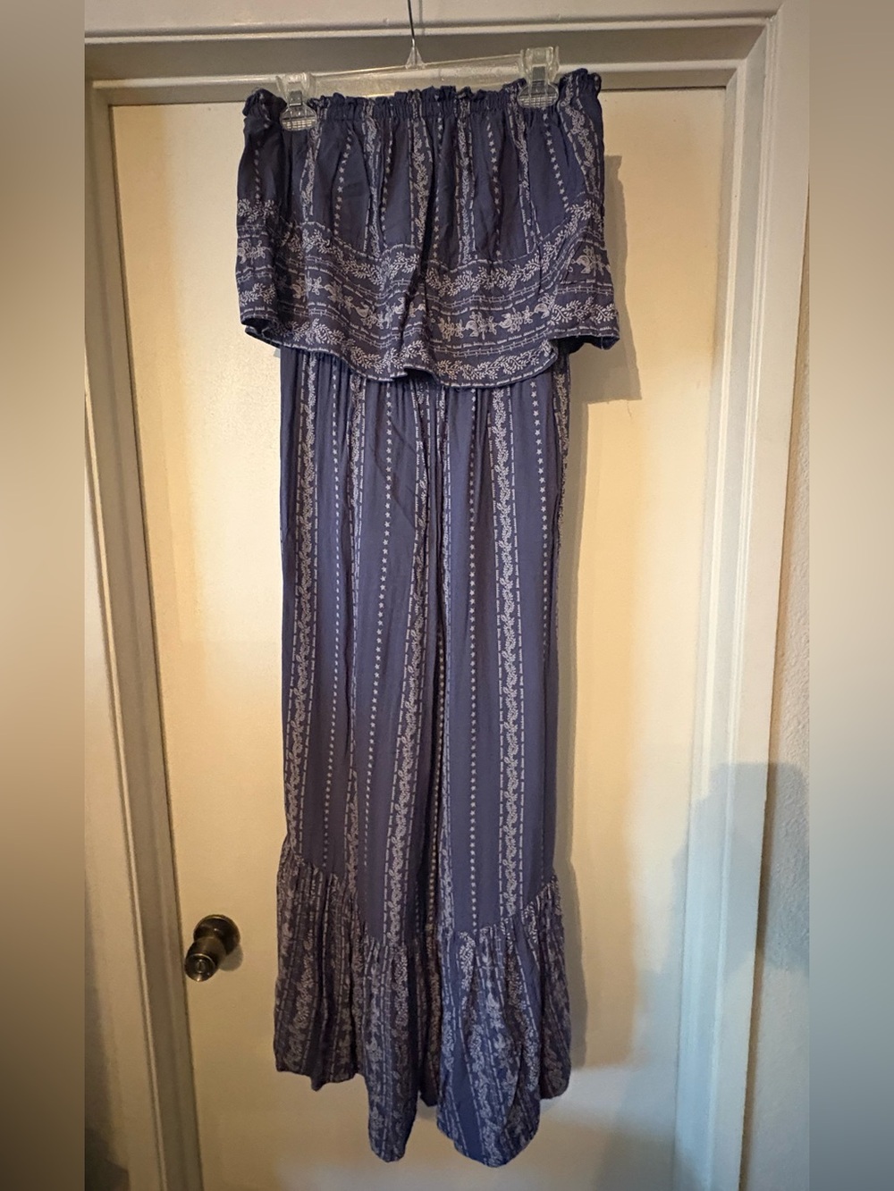 Joya Blue Vertical Stripe Strapless Maxi Jumpsuit Flowy Ruffle Tiered Size L